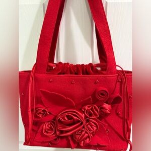 Chic Red Floral Women's Wool Felted Beaded Velvet Shoulder Satin Roses Bag